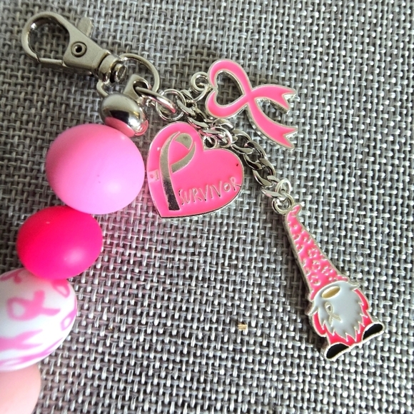 Breast Cancer Awareness Charm Key Chain Backpack Purse Heart Pink Gnome Ribbon - Picture 2 of 3